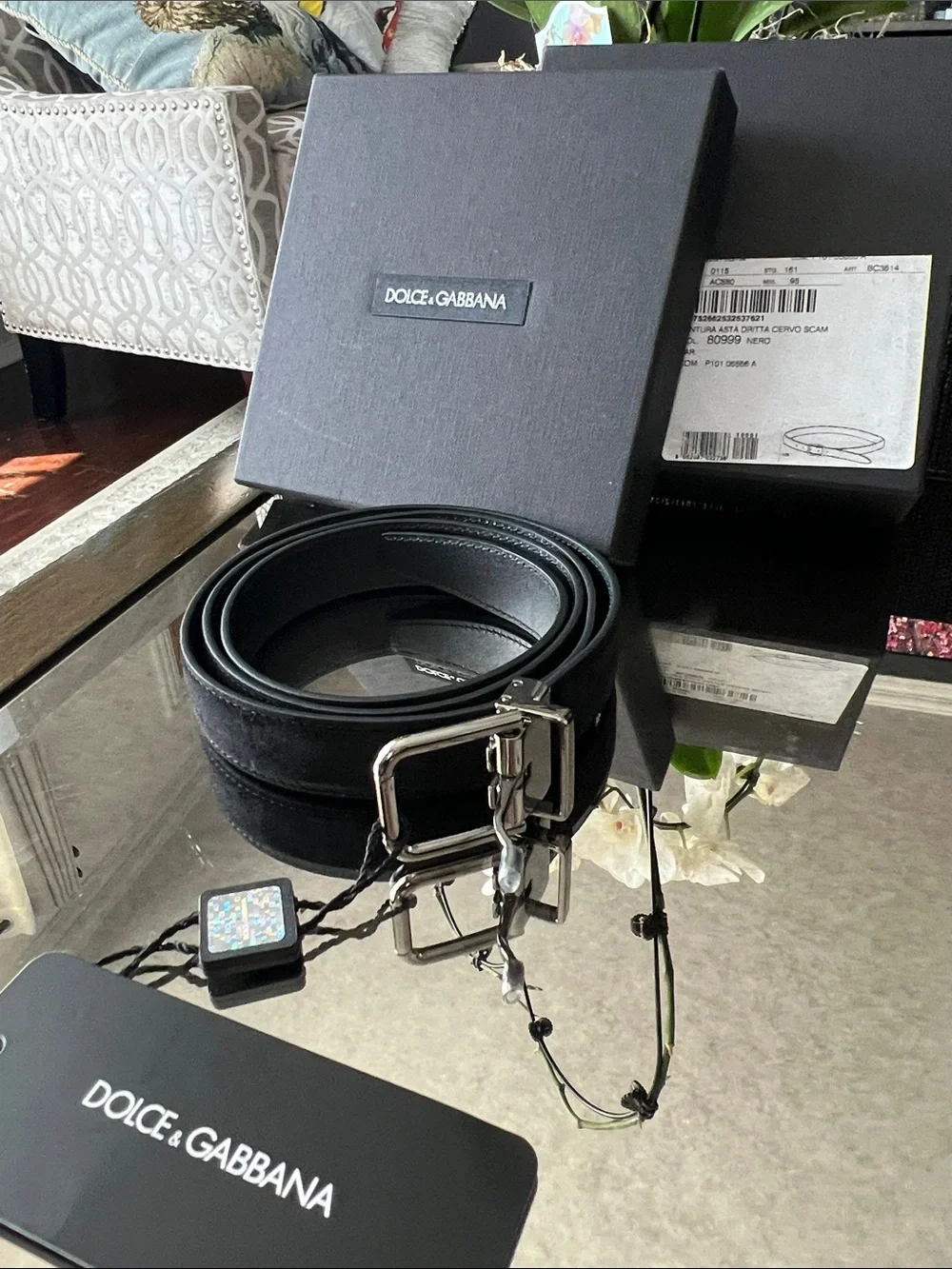 Dolce & Gabbana Black suede Leather Belt with Silver-Tone Double Buckle
